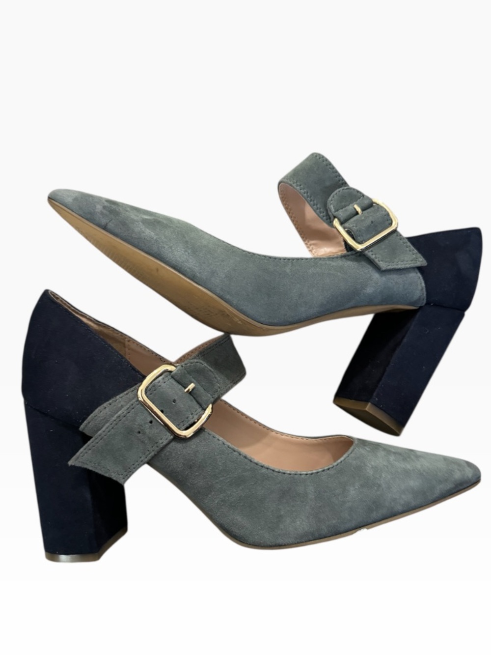 TOMMY HILFIGER Two-Tone Sage green and Navy Suede Block Heel Mary Jane Size:9.5M